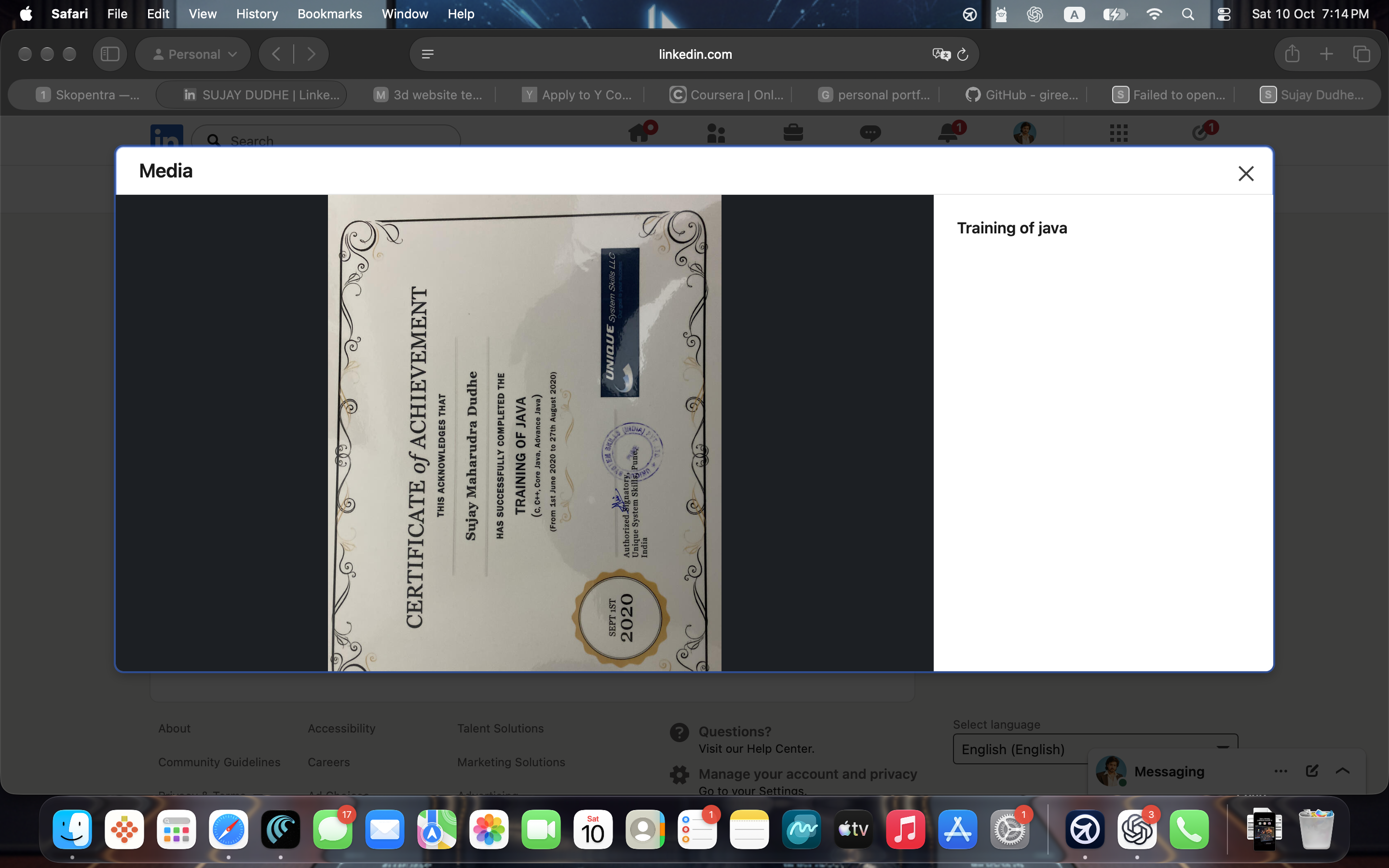 Sujay Dudhe’s supplied certificate from UNIQUE System Skills LLC, for Java training from 1 June to 27 August 2020.